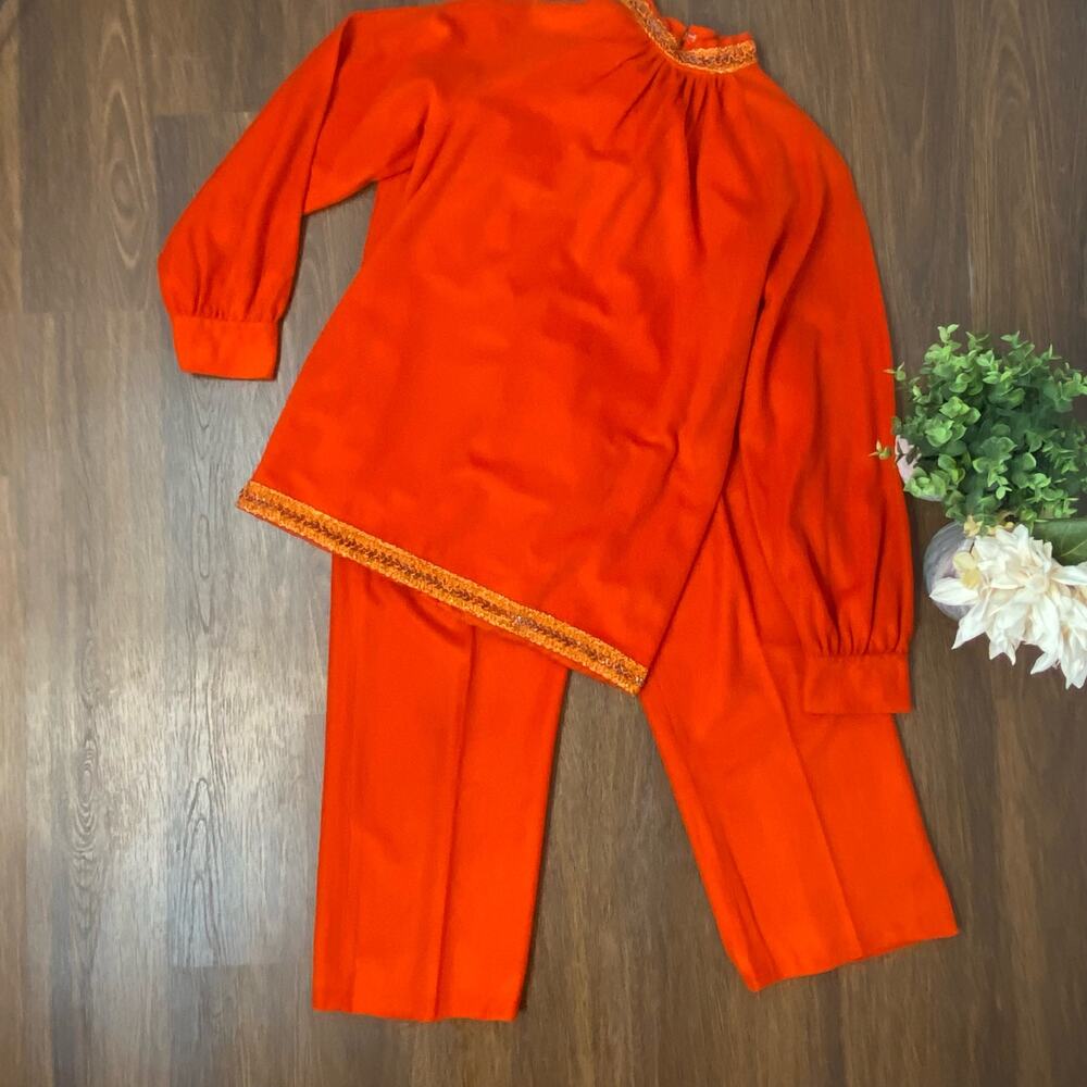 Vintage 2 Piece 60s 70s Retro Orange Tunic & Pants Set Medium - Picture 8 of 16
